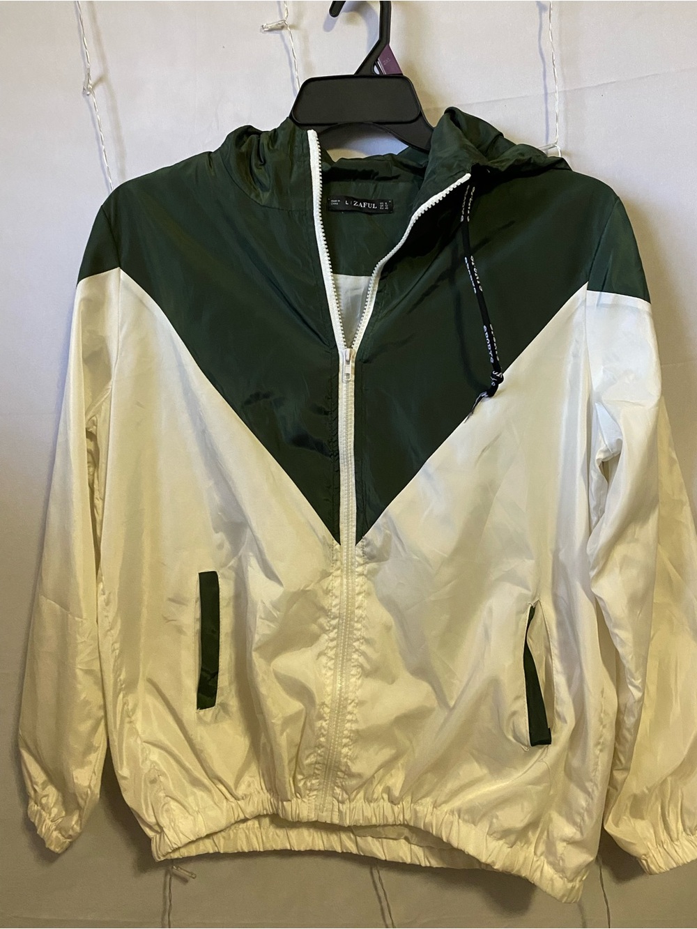 Zaful Green and White Hooded Windbreaker Jacket
